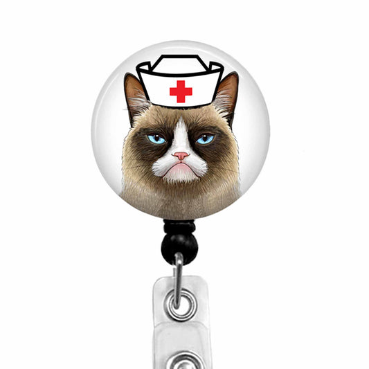Grumpy cat wearing a nursing hat retractable badge reel