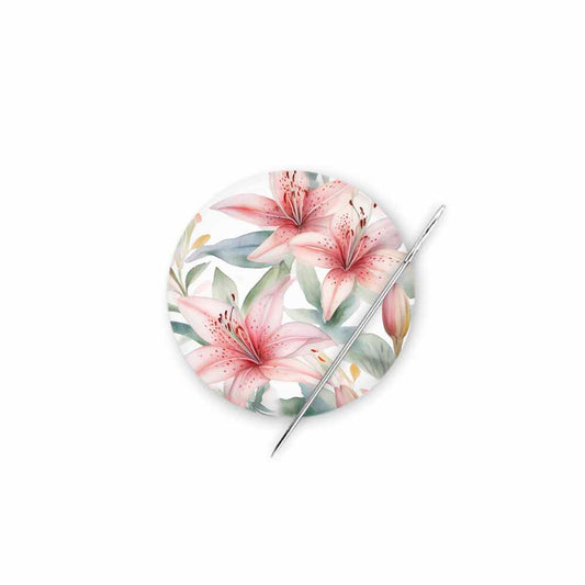 Magnetic needle minder with lily design – perfect for cross stitch, embroidery, and needlepoint
