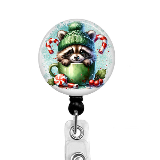 Christmas Badge Reel with Raccoon in Cup