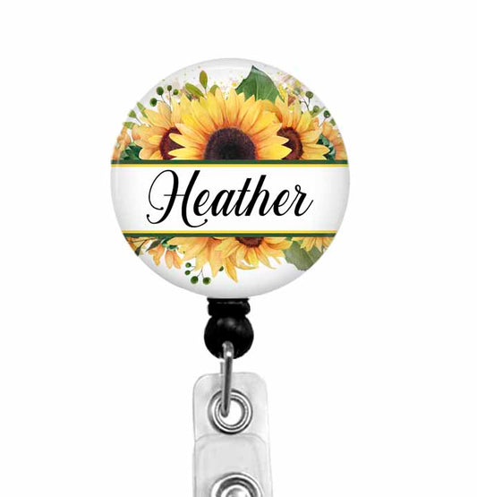 Sunflower badge reel with personalized name