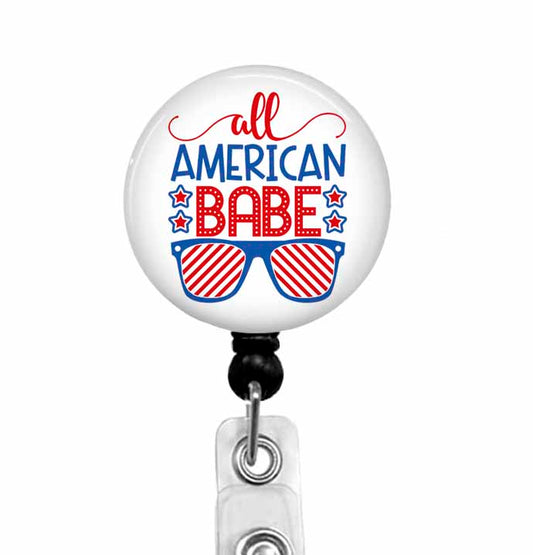 All American Babe badge reel with red, white, and blue sunglasses