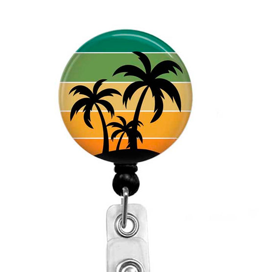 Palm trees on orange and green background badge reel