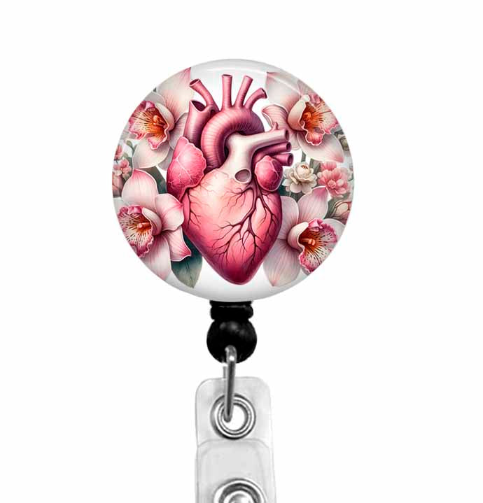 badge reel design features a heart surrounded by flowers