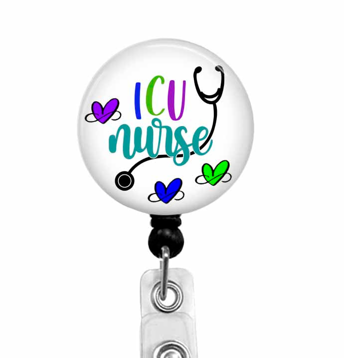 ICU Nurse with stethoscope badge reel